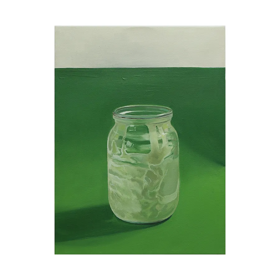 Image of Sloik vid smetany (Jar of sour cream) by Adriana Shportan, size: 30x40, made of oil on canvas, Painting medium, from London, part of the “When It Is Our Turn to Be Adults” series, priced at £400